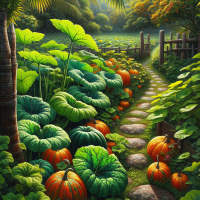 Realistic Nigeria garden with Ugu leaves and pumpkins 